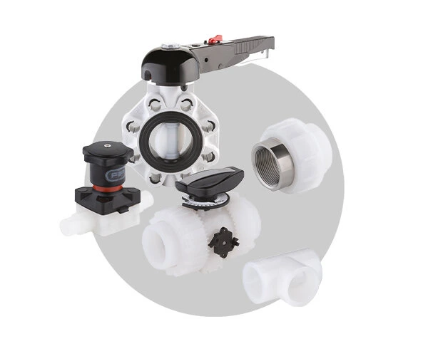 valvole tubi raccordi FIP ASTORE GF AGRU in pvdf per industria chimica trattamento acque galvanica gomiti gomito curve tee manicotti bocchettoni valvole sfera e farfalla ritegno plastica polifusione tasca testa maschio femmina filetto passaggio