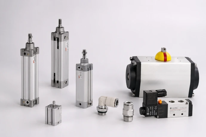 Componenti pneumatici industriali con cilindri pneumatici ISO, attuatore pneumatico rotativo per valvole, elettrovalvola, distributore pneumatico, raccordi rapidi e accessori per automazione industriale, impianti galvanici, trattamento acque e macchine automatiche.