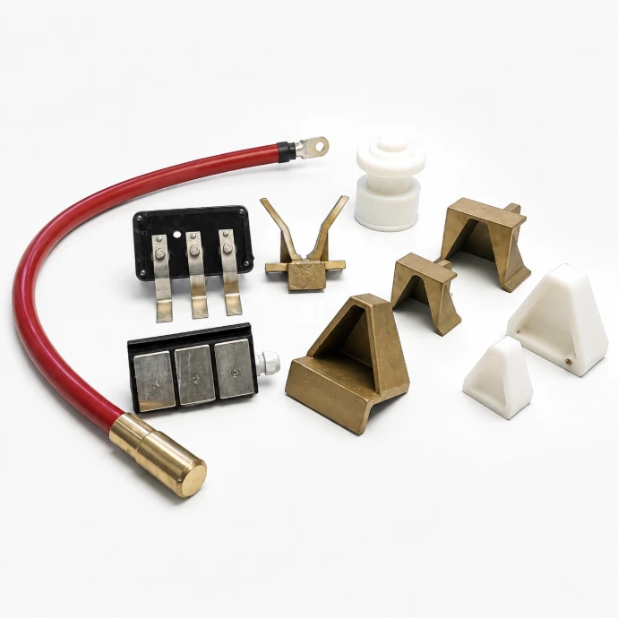 Accessori e ricambi per impianti galvanici: contatti elettrici, morsettiere, V, campane, isolatori, supporti anodici, rulli, collegamenti flessibili e componenti tecnici per impianti di cromatura, nichelatura, zincatura, anodizzazione e trattamenti superficiali industriali.