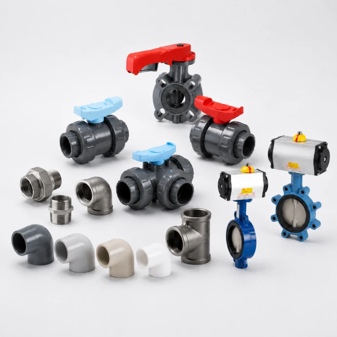 Piping plastico e metallico per impianti industriali con valvole a sfera in PVC, PP, PVDF, valvole a farfalla manuali e pneumatiche, attuatori pneumatici, raccordi inox AISI 316, curve, tee, bocchettoni e componenti per impianti galvanici, trattamento acque, industria chimica e automazione di processo.